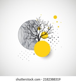 Kunstkonzept. Abstrakte Berge bilden sich mit der Silhouette eines Baumes.