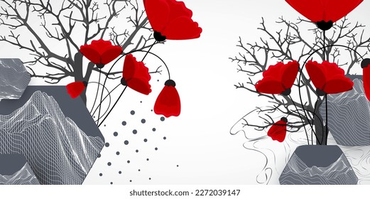 Art concept. Abstract mountains forms with Silhouette of a tree and red poppy flowers.