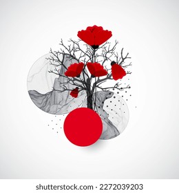 Art concept. Abstract mountains forms with Silhouette of a tree and red poppy flowers.