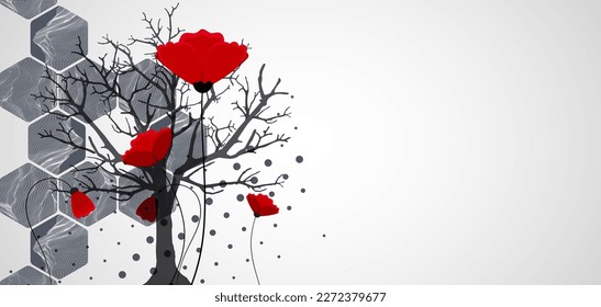 Concepto de arte. Las montañas abstractas se forman con Silhouette de un árbol y flores rojas de amapola.
