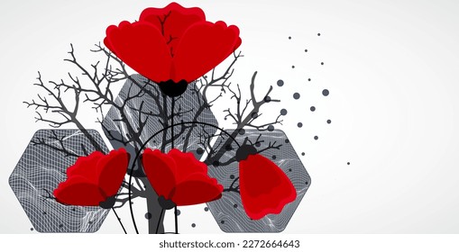 Concepto de arte. Las montañas abstractas se forman con Silhouette de un árbol y flores rojas de amapola.