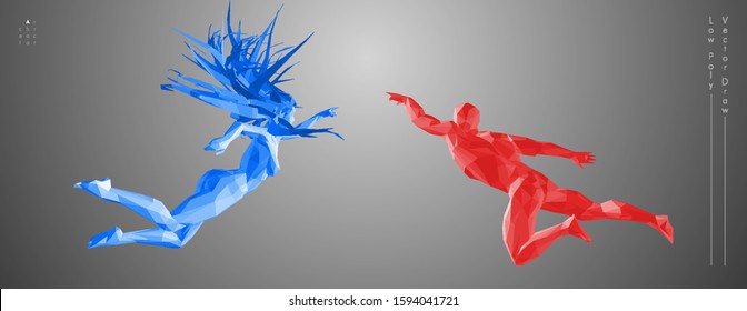 Art concept of a flying people. Vector drawn by color polygons. Sport cover design. Creative low-poly set. Man and woman. Run and fly. Vector template.