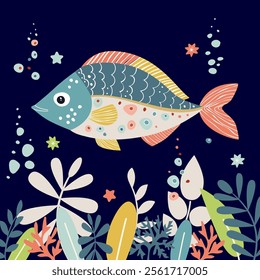 Art concept marine aquarium cartoon fish. Bright cute fish and seaweed on dark blue background. Scandinavian children's style. Vector illustration isolated