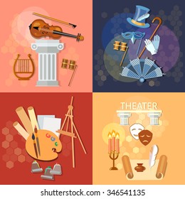 Art concept: music ballet theatre literature dramaturgy vector set  