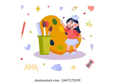 Concepto de arte con escena de personas en diseño de dibujos animados planos. Esta Imagen nos muestra una niña feliz que ama la creatividad y el dibujo. Ilustración vectorial.