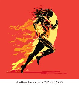 Art concept of a running woman. Vector drawn by color lines. Minimal cover design.