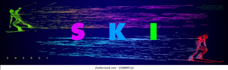 Art concept of a skiing man. Vector drawn by color lines. Minimal cover design. Creative ski line-art. Vector template brochures, flyers, presentations, logo, print, leaflet, banners.