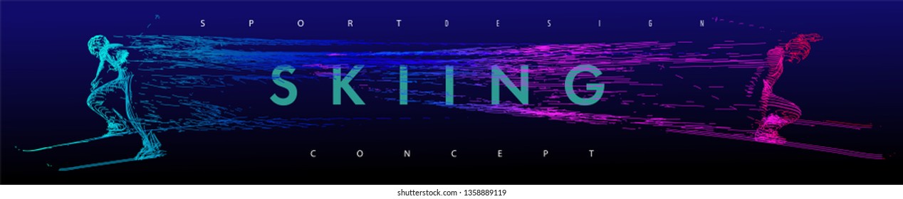 Art concept of a skiing man. Vector drawn by color lines. Minimal cover design. Creative ski line-art. Vector template brochures, flyers, presentations, logo, print, leaflet, banners.