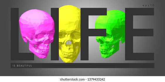 Art concept of a skull. Vector drawn by color polygons. Lowpoly vector cover design. Pop art template  