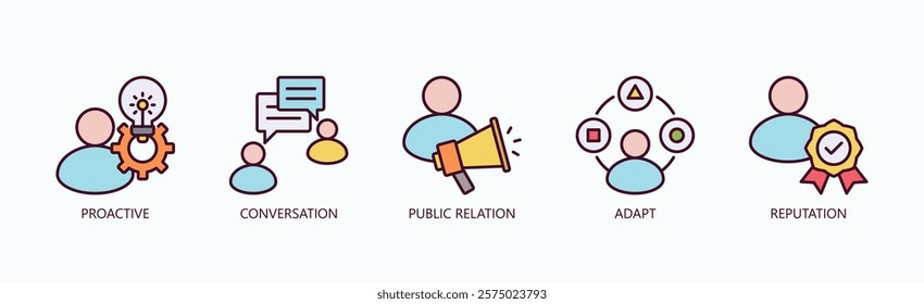 Art Of Connection Icon Set Isolated Vector With Icon Of Proactive, Conversation, Public Relation, Adapt, Reputation In Outline Color Style