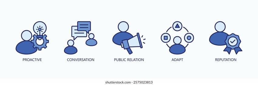 Art Of Connection Icon Set Isolated Vector With Icon Of Proactive, Conversation, Public Relation, Adapt, Reputation In Blue Style