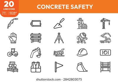 Art construction safety elements like hard hats, gloves, concrete mixers, cranes, warning signs. Ideal safety manuals, guides, hazard prevention documentation in construction.