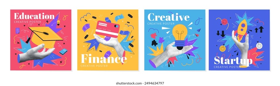 Art contemporary brainstorming. Business abstract design. Education and startup idea. Halftone shapes. Cooperation team. Fashion concept. Creative work. Pay card. Vector collage garish backgrounds set