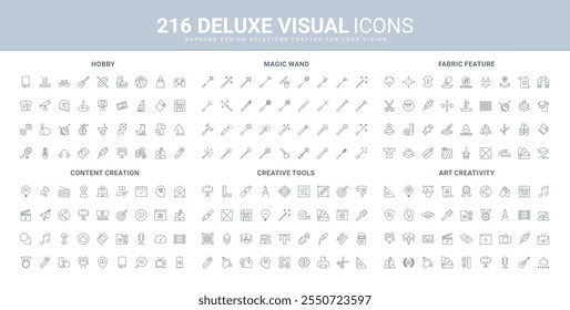 Art content creation process, graphic design tool and authors portfolio, different magic wands line icon set. Hobby creativity and games, fabric features thin black outline symbols vector illustration