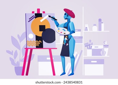 Art content generation using AI. Robot artist painting creative picture on easel, cyborg in painters beret and apron holding brush to create digital image in workshop cartoon vector illustration