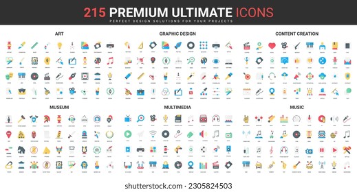 Art content, multimedia creation color flat icons set vector illustration. Abstract symbols of museum exhibition, music and graphic ideas, artwork projects simple design for mobile and web apps