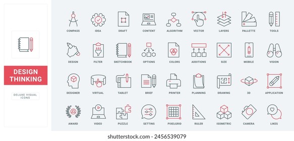 Art content planning, graphic designer tools and idea line icons set. Tablet, laptop and printer for artwork development, mobile apps for design thin black and red outline symbols vector illustration