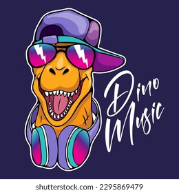 Art. Cool cartoon dinosaur is listens to music. Design of kid poster, t-shirt, prints, closure of children's, fabric. Vector illustration. Dinosaur T-rex. print