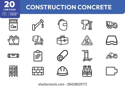 Art core construction elements like cement bags, tower cranes, concrete mixers, safety helmets, gloves, warning signs. Ideal engineering manuals, safety guides, architectural.