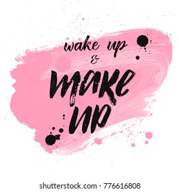 Art cosmetic brush stroke wake up and make up pink design vector illustration with ink spots