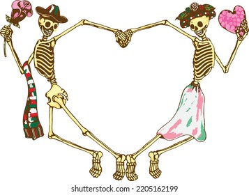 Art couple in love skull day of the dead. Hand drawing and make graphic vector.
