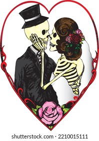 Art couple in love wedding skulls. Hand drawing and make graphic vector.