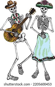 Art couple skull dance   play music day the dead Hand drawing   make graphic vector 