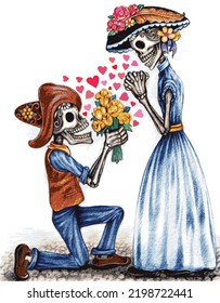 Art couple skull in love day of the dead.Hand drawing and make graphic vector.