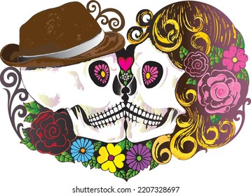 Art couple skulls day of the dead. Hand drawing and make graphic vector.