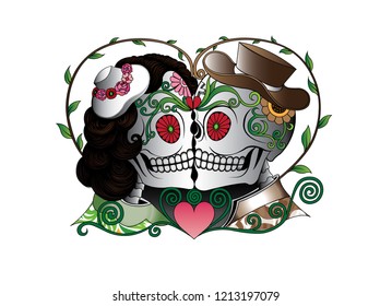 Art Couple Skulls Day of the dead.Hand drawing and make graphic vector.