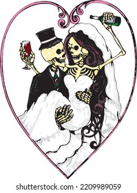 Art couple wedding skulls day of the dead. Hand drawing and make graphic vector.