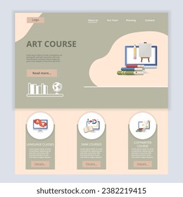 Art course flat landing page website template. Language classes, smm courses, copywriter course. Web banner with header, content and footer. Vector illustration.