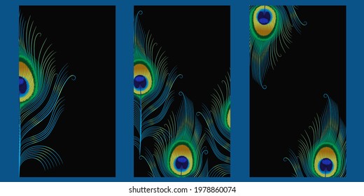 art covers with peacock feather decor on a black background. ready-made vector templates for social networks. three options. stock vector illustration. EPS 10.