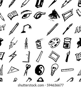 Art and craft hand drawn vector symbols and objects pattern seamless