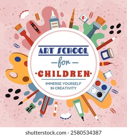 Art craft for kids. Schoolchildren painting. Poster about children creativity drawing. Class material, pencil, paintbrush. Circle frame. Creative stationery in round form. Vector design tidy banner