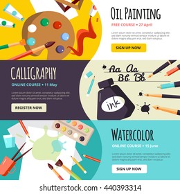 Art and craft lessons banners for oil painting calligraphy and watercolor  vector illustration 