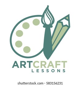 Art Craft Logo Emblem With Pencil And Brush With Paint Palette Isolated On White. Vector Illustration Of Artcraft Inviting Badge For Studying Painting And Drawing At Artist Courses In Flat Design.