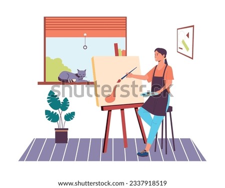 Art craft profession, activity or hobby. Female character painting on canvas. Woman having creative occupation, girl at studio with palette and paintbrush, cartoon workshop vector illustration
