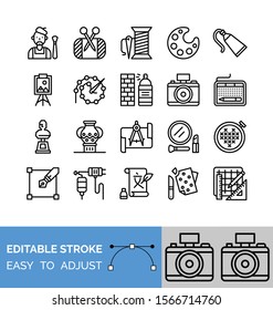 art and craft related camera,brushes,color spray, color tube, knitting and pen tool vector in lineal or editable stroke design