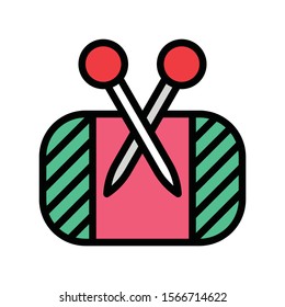art and craft related sewing thread bundle with needles or pin stuck in it vector with editable stroke