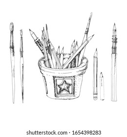 Art craft stationery. Isolated elements on white. Sketch. Vector hand-drawn illustration.