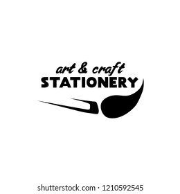 Art and Craft Stationery Store lettering logo isolated design. Shop with brush silhouette. Black metal laser cut sign. Creativity logotype for branding. Isolated vector
