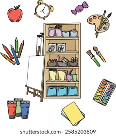 Art and Craft Supplies in a Creative Workspace - Painting and Drawing Tools Illustration