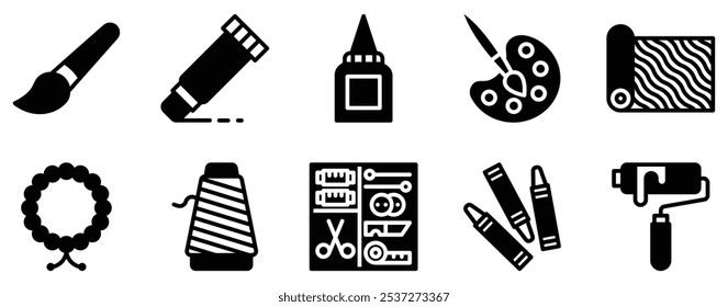 Art and Craft Supplies Icon Set Creative Solid Style Collection for DIY Enthusiasts