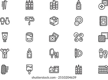 A coleção de ícones de materiais artísticos e artesanais é uma ilustração vetorial com traçado editável.