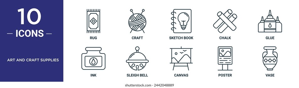 art and craft supplies outline icon set includes thin line rug, craft, sketch book, chalk, glue, ink, sleigh bell icons for report, presentation, diagram, web design