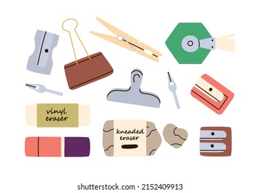 Art and craft supplies set. Stationery items. Pencil sharpener, vinyl and kneaded eraser, pin, clamp, clasp, clothespin, pen tip. Artists stuff. Flat vector illustrations isolated on white background