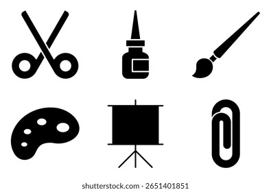 Art and Craft Tools Icon Set, such as scissors, glue, paintbrush, paint palette, art easel, and paper clip