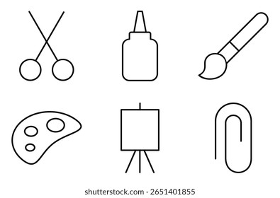 Art and Craft Tools Icon Set, such as scissors, glue, paintbrush, paint palette, art easel, and paper clip