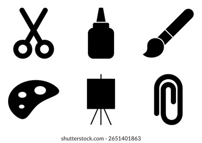 Art and Craft Tools Icon Set, such as scissors, glue, paintbrush, paint palette, art easel, and paper clip